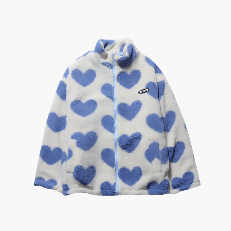 Women's Reversible Fleece Jacket with Heart Pattern – Stylish Casual Outerwear