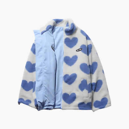 Women's Reversible Fleece Jacket with Heart Pattern – Stylish Casual Outerwear