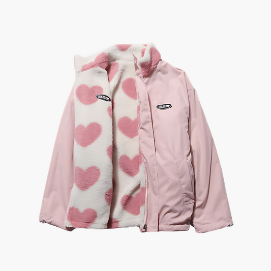 Women's Reversible Fleece Jacket with Heart Pattern – Stylish Casual Outerwear