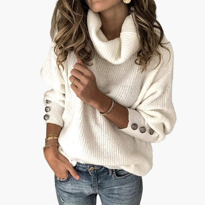 Women's Turtleneck Sweater with Button Sleeve Detail – Relaxed Fit, Casual Chic