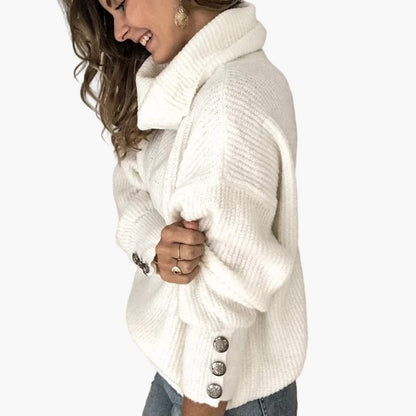 Women's Turtleneck Sweater with Button Sleeve Detail – Relaxed Fit, Casual Chic