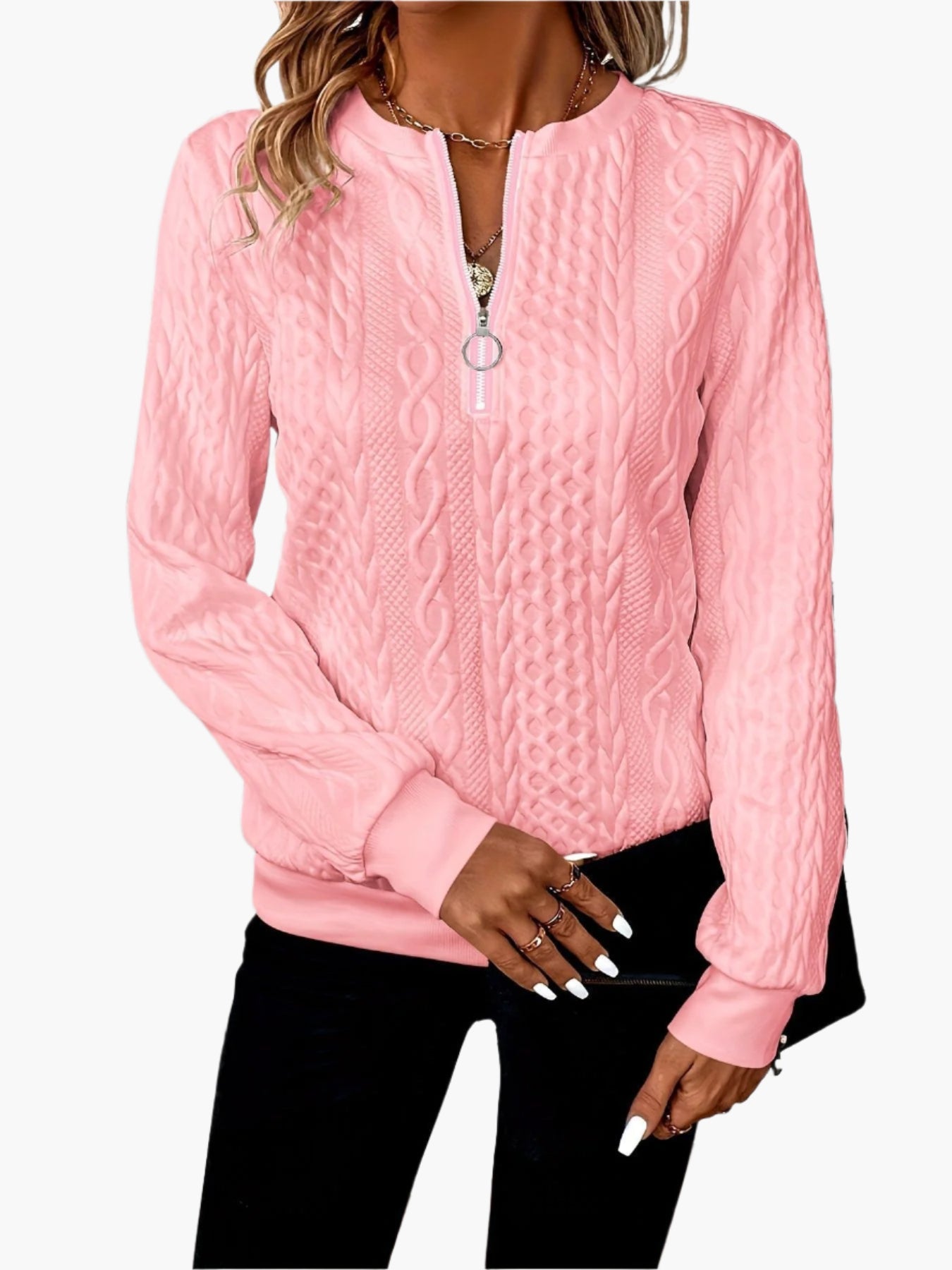 Women's Cable Knit Zip Up Sweater – Casual Modern Pullover for Everyday Style