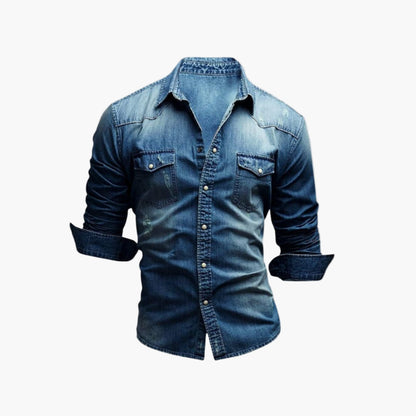 Men's Western-Style Denim Shirt Classic Snap Button Casual Fashion