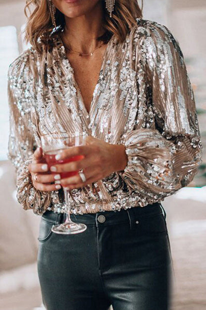 Women's Sequin Wrap Blouse Elegant Party Vintage Style