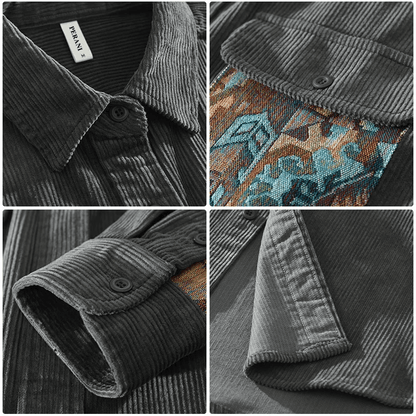 Men's Vintage Casual Overshirt with Patterned Chest Pocket – Urban Relaxed Fit