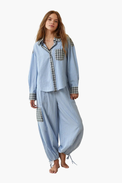Women's Relaxed Fit Pajama Set with Plaid Accents – Casual Home & Sleepwear