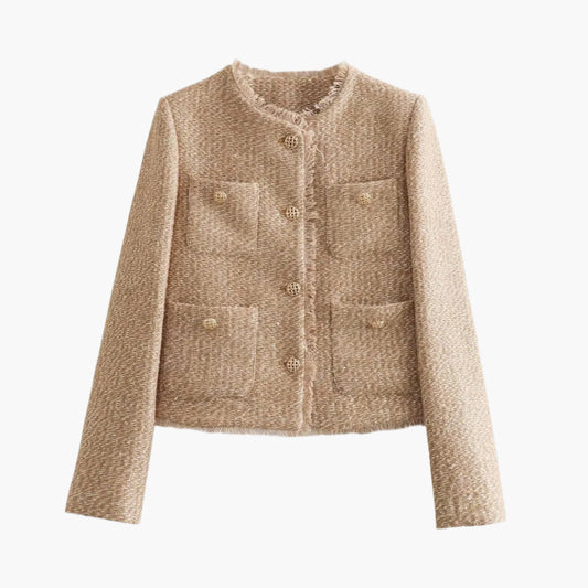 Women's Slim Fit Tweed Style Jacket with Decorative Buttons and Pockets – Elegant Office or Casual Wear