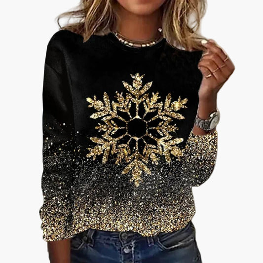 Women's Glitter Snowflake Print Festive Long Sleeve Pullover Top