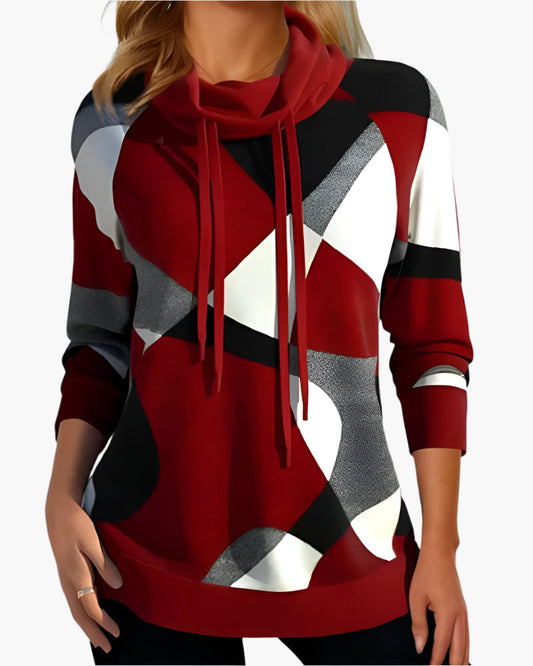Women's Modern Graphic Print Cowl Neck Pullover Top – Casual Stylish Everyday Wear