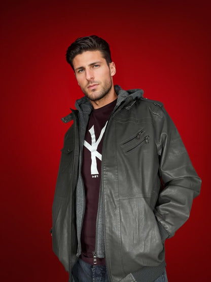 Men's Urban Biker Jacket with Detachable Hood – Modern Street Style for Everyday and Night Out