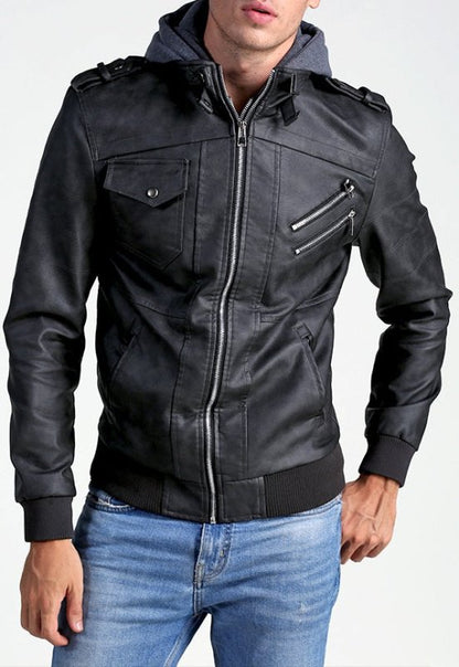 Men's Urban Biker Jacket with Detachable Hood – Modern Street Style for Everyday and Night Out