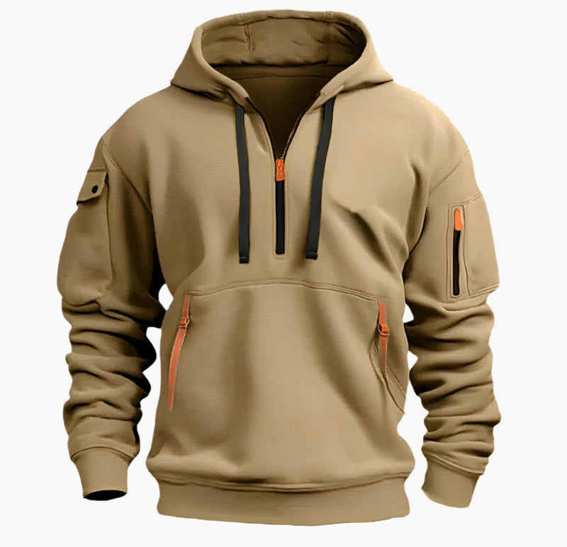 Men's Tactical Zip Hoodie – Urban Casual Sweatshirt with Multiple Pockets and Adjustable Hood