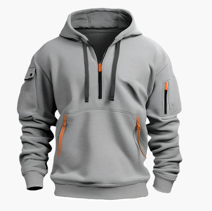 Men's Tactical Zip Hoodie – Urban Casual Sweatshirt with Multiple Pockets and Adjustable Hood