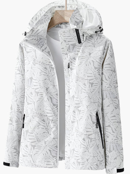 Women's Urban Outdoor Waterproof Windbreaker Jacket – Modern Leaf Print, Hooded, Versatile for City and Adventure