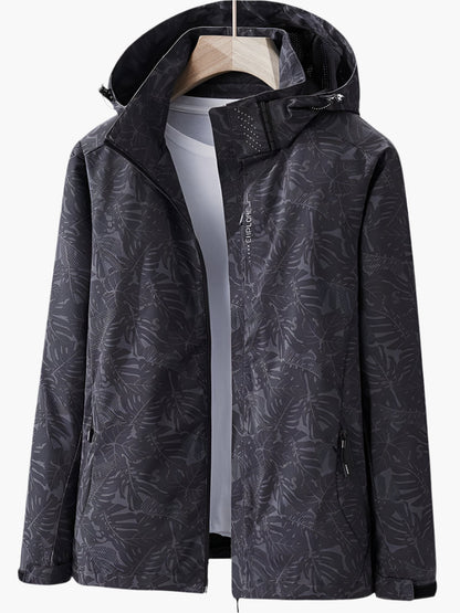Women's Urban Outdoor Waterproof Windbreaker Jacket – Modern Leaf Print, Hooded, Versatile for City and Adventure