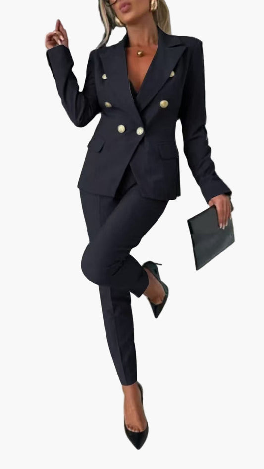 Women's Double-Breasted Business Suit Set – Modern Slim Fit Blazer & Pants for Office and Events