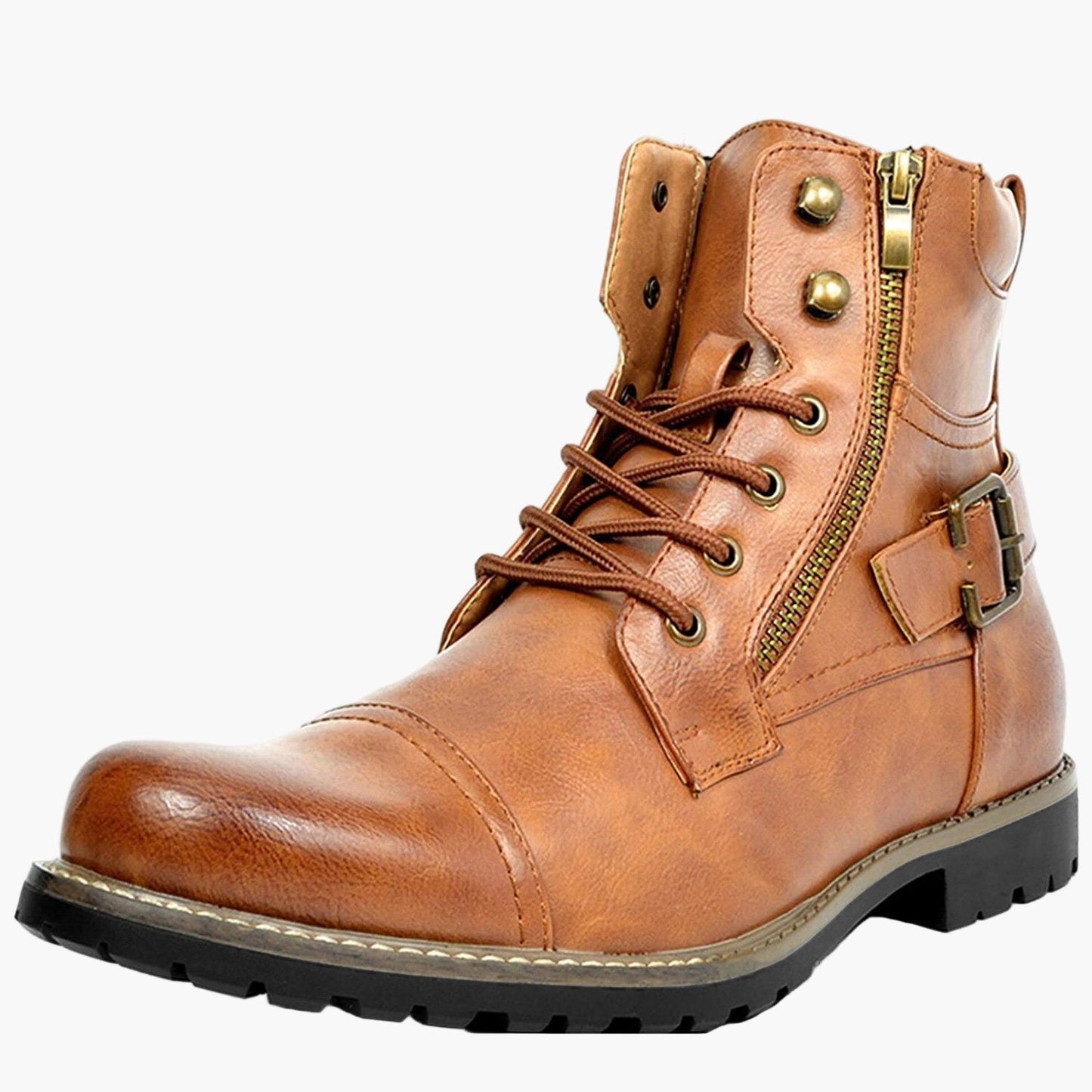 Men's Casual Motorcycle Ankle Boots – Urban Lace-Up Combat Style with Zipper and Buckle