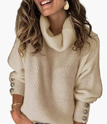 Women's Turtleneck Sweater with Button Sleeve Detail – Relaxed Fit, Casual Chic