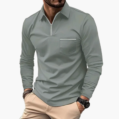 Men's Long Sleeve Polo Shirt with Chest Pocket and Zipper – Classic Modern Business Casual Top