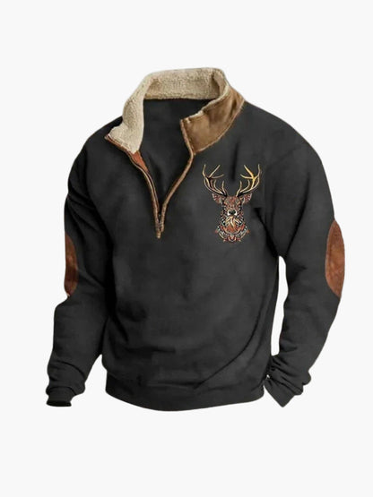 Men's Outdoor Quarter-Zip Pullover with Deer Embroidery and Cozy Lining – Casual Rustic Style