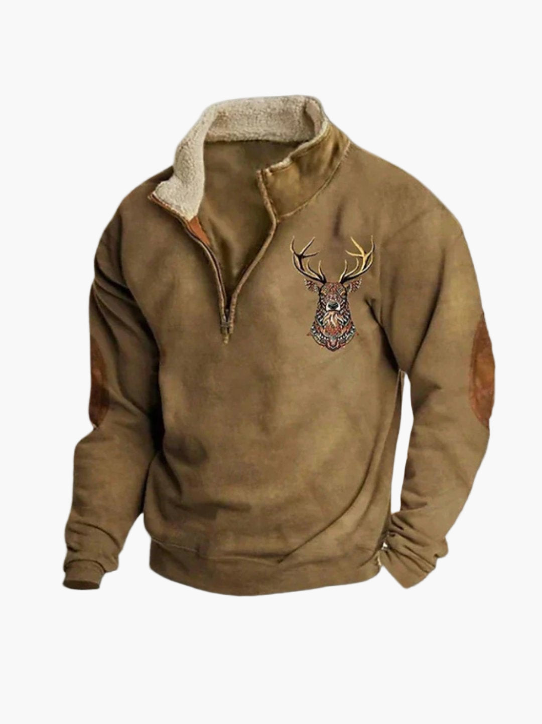 Men's Outdoor Quarter-Zip Pullover with Deer Embroidery and Cozy Lining – Casual Rustic Style