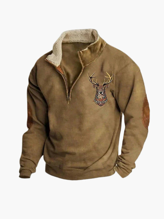 Men's Outdoor Quarter-Zip Pullover with Deer Embroidery and Cozy Lining – Casual Rustic Style