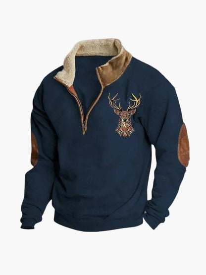 Men's Outdoor Quarter-Zip Pullover with Deer Embroidery and Cozy Lining – Casual Rustic Style