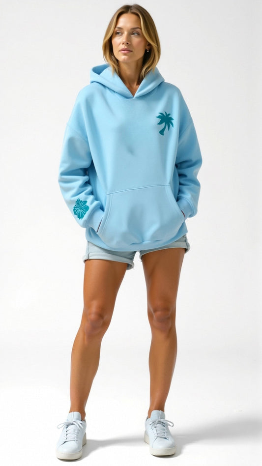 Women's Relaxed Fit Tropical Embroidered Hoodie – Casual Streetwear for Everyday and Travel