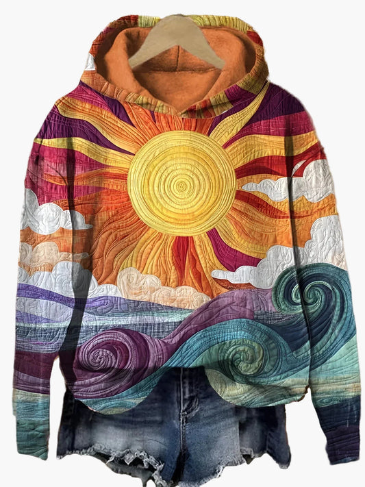 Women's Artistic Sun and Waves Hoodie – Casual Festival Style Pullover