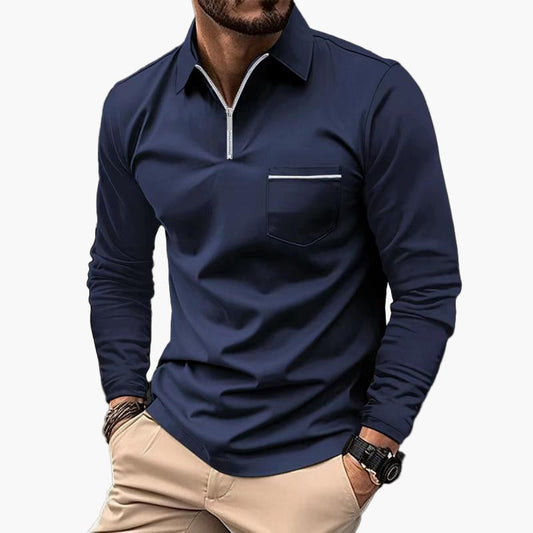 Men's Long Sleeve Polo Shirt with Chest Pocket and Zipper – Classic Modern Business Casual Top