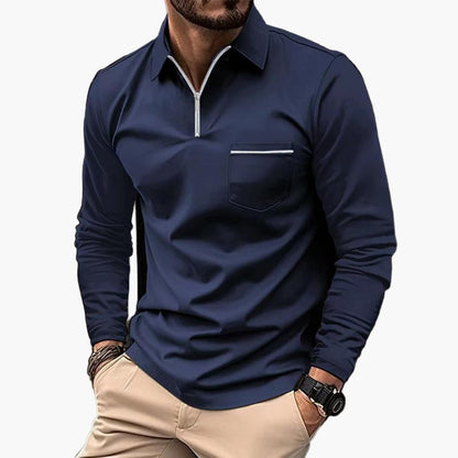 Men's Long Sleeve Polo Shirt with Chest Pocket and Zipper – Classic Modern Business Casual Top