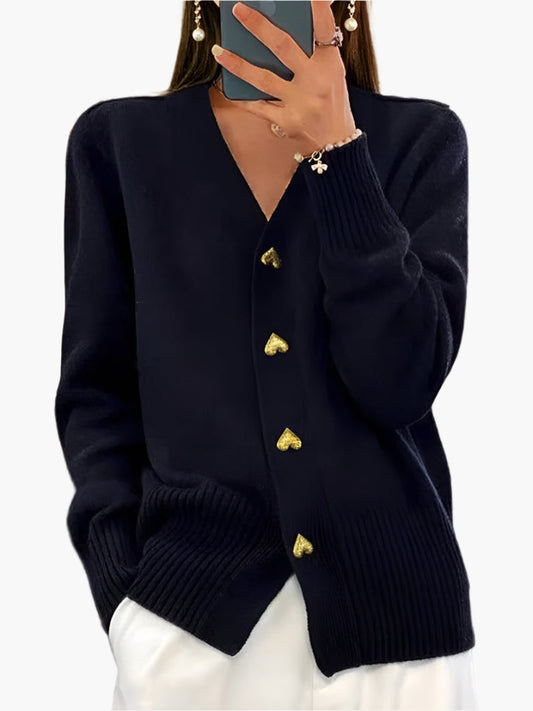 Women's Cardigan with Heart Buttons – Elegant V-Neck Knitwear for Everyday and Office