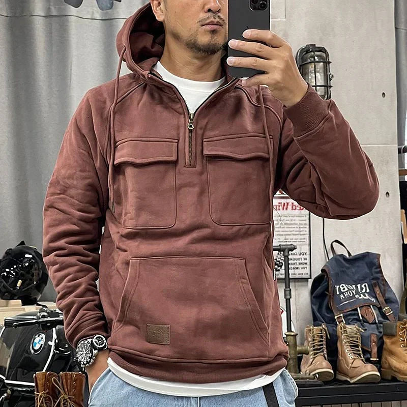 Men's Outdoor Tactical Hoodie with Zipper and Utility Pockets – Winter Pullover for Everyday and Outdoor Activities