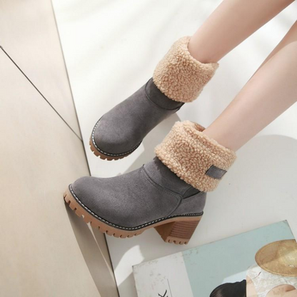 Women's Winter Block Heel Ankle Boots with Fold-Over Cuff – Fashionable and Comfortable Cold Weather Footwear