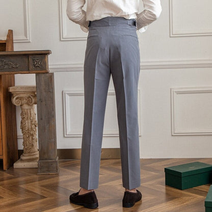 Men's High-Waisted Pleated Formal Trousers with Adjustable Side Buckle - Tailored Business and Occasion Pants